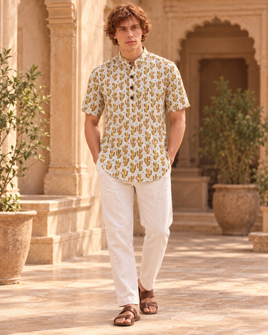 Cactus Print Half Sleeve Cotton Short Kurta for Men