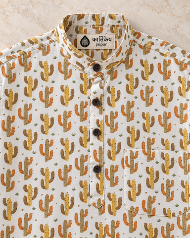 Cactus Print Half Sleeve Cotton Short Kurta for Men