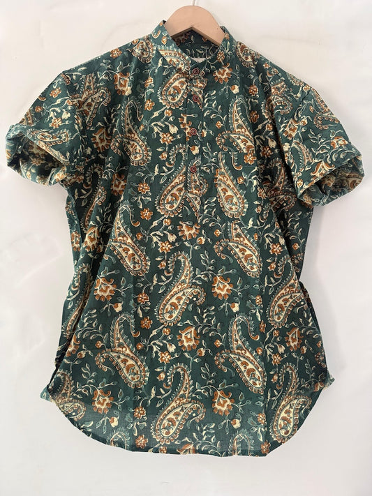 Floral Print Half Sleeve Cotton Short Kurta for Men