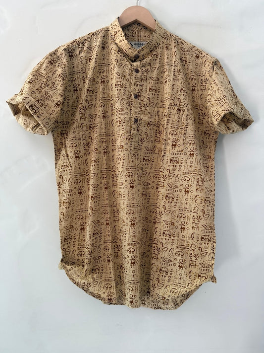 Tribal Print Half Sleeve Cotton Short Kurta for Men
