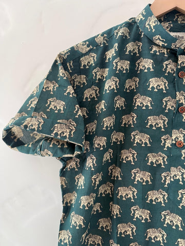 Classic Elephant Print Half Sleeve Cotton Short Kurta for Men