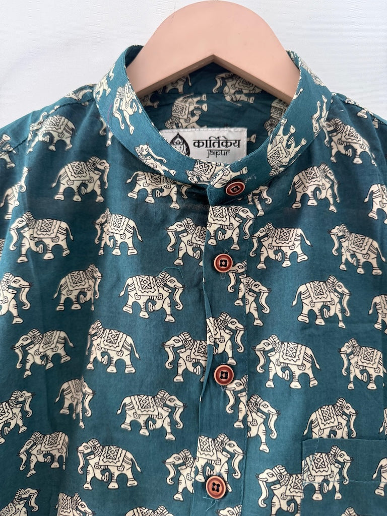 Classic Elephant Print Half Sleeve Cotton Short Kurta for Men