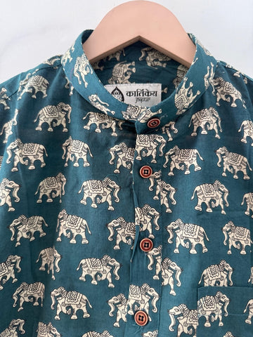 Classic Elephant Print Half Sleeve Cotton Short Kurta for Men