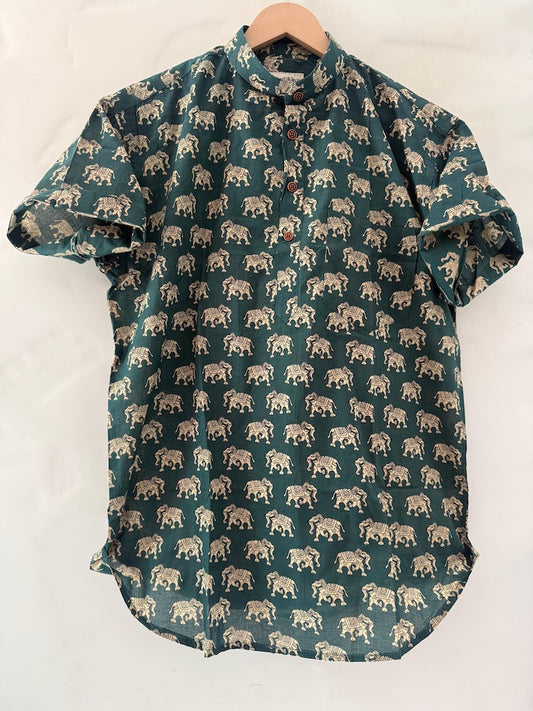 Classic Elephant Print Half Sleeve Cotton Short Kurta for Men