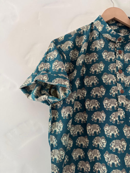 Classic Elephant Print Half Sleeve Cotton Short Kurta for Men