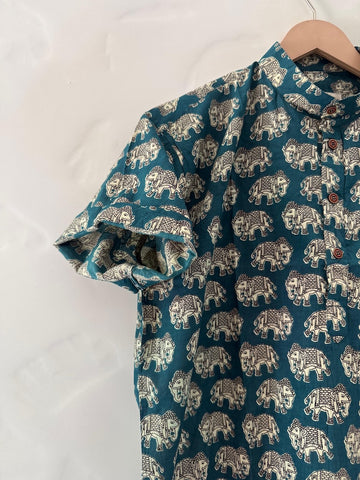 Classic Elephant Print Half Sleeve Cotton Short Kurta for Men