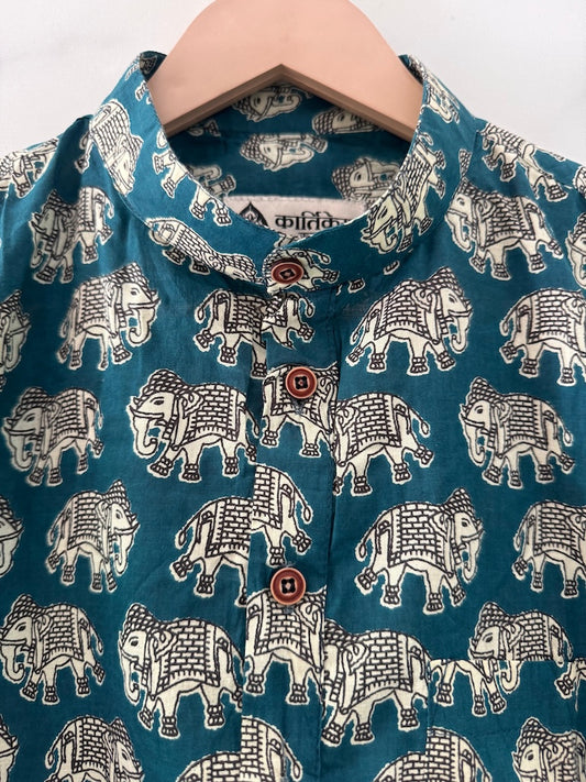 Classic Elephant Print Half Sleeve Cotton Short Kurta for Men