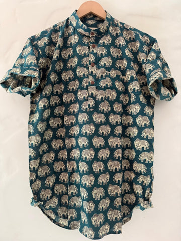 Classic Elephant Print Half Sleeve Cotton Short Kurta for Men