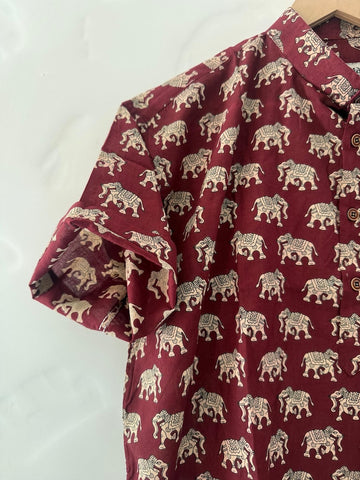 Classic Elephant Print Half Sleeve Cotton Short Kurta for Men