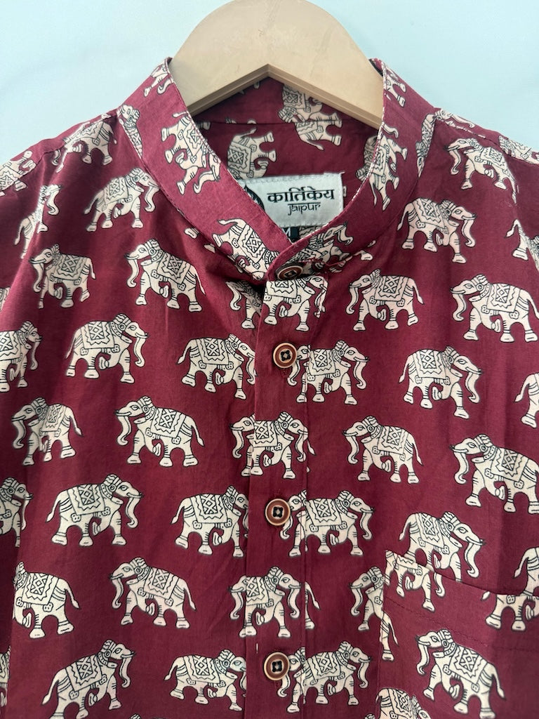 Classic Elephant Print Half Sleeve Cotton Short Kurta for Men