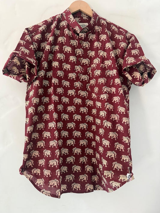 Classic Elephant Print Half Sleeve Cotton Short Kurta for Men