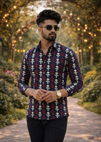 Classic Kalamkari Block Print Full Sleeves Cotton Men Shirt - Organic