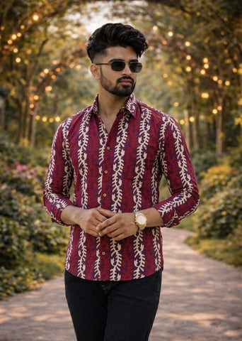 Classic Kalamkari Block Print Full Sleeves Cotton Men Shirt - Organic