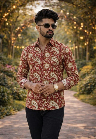 Classic Kalamkari Block Print Full Sleeves Cotton Men Shirt - Organic