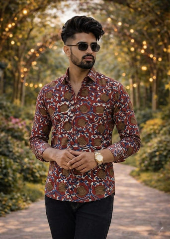 Classic Kalamkari Block Print Full Sleeves Cotton Men Shirt - Organic