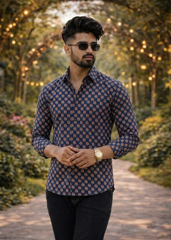 Classic Kalamkari Block Print Full Sleeves Cotton Men Shirt - Organic