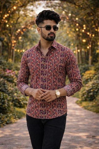 Classic Kalamkari Block Print Full Sleeves Cotton Men Shirt - Organic