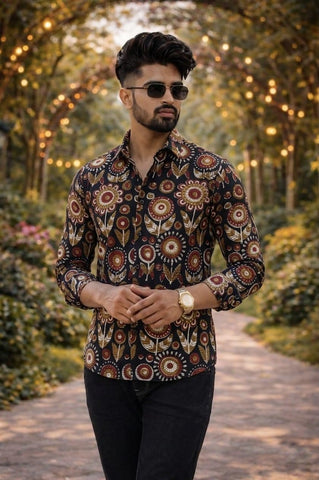 Classic Kalamkari Block Print Full Sleeves Cotton Men Shirt - Organic