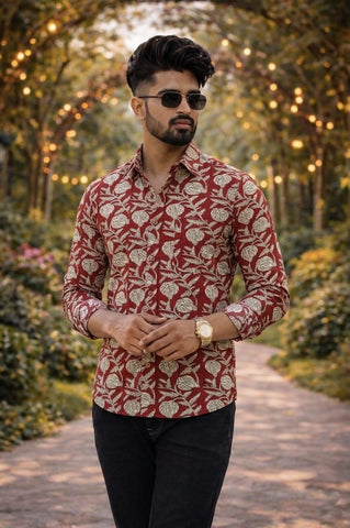Classic Kalamkari Block Print Full Sleeves Cotton Men Shirt - Organic