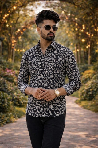 Classic Kalamkari Block Print Full Sleeves Cotton Men Shirt - Organic