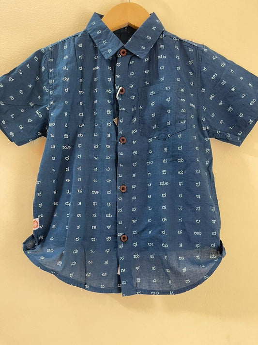 Classic Kannada Alphabet Cotton Shirt For Boys - Blue