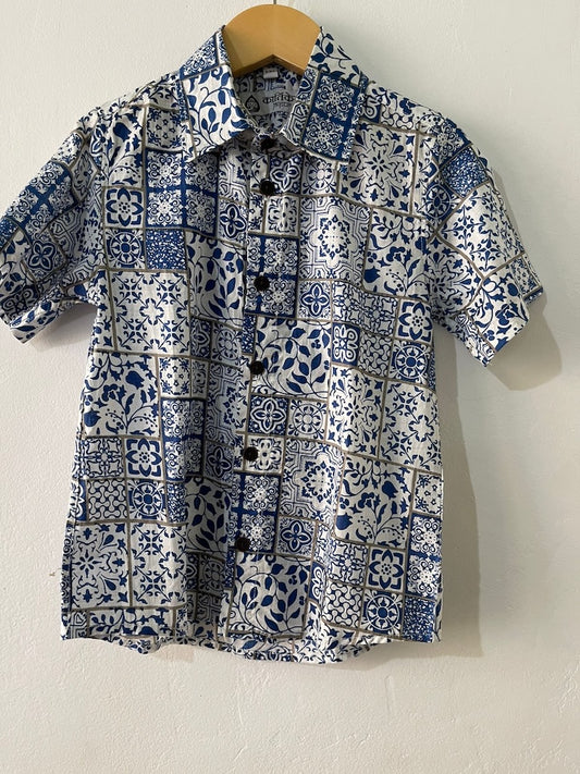Indigo Print Casual Half Sleeve Cotton Shirt for Boys