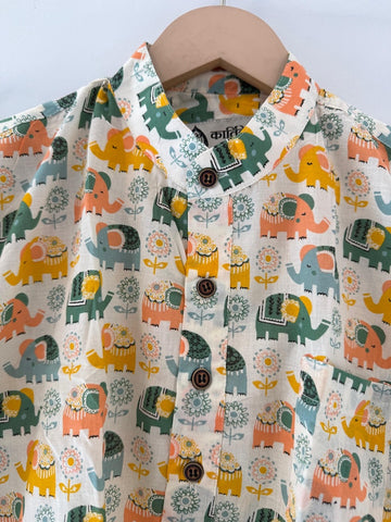 Small Elephat Print  Cotton Short Kurta For Boys