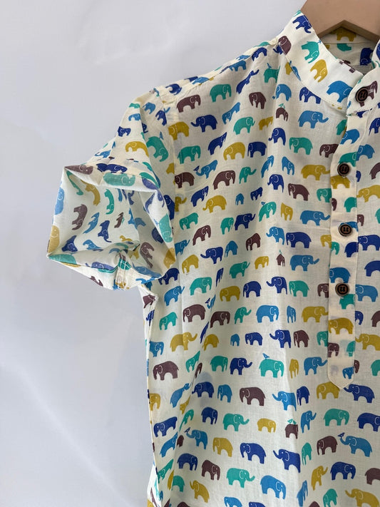Small Elephat Print  Cotton Short Kurta For Boys