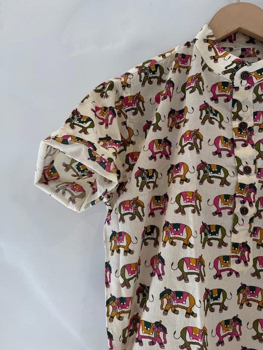 Traditional Elephat Print  Cotton Short Kurta For Boys