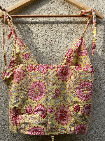 Floral Print Cotton Drawstring Lace Bralette Top