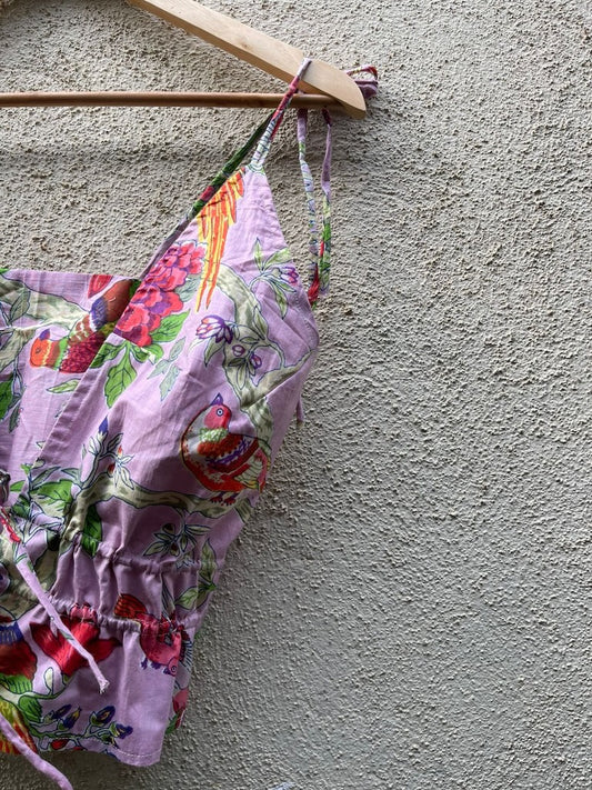 Floral Print Cotton Drawstring Lace Bralette Top