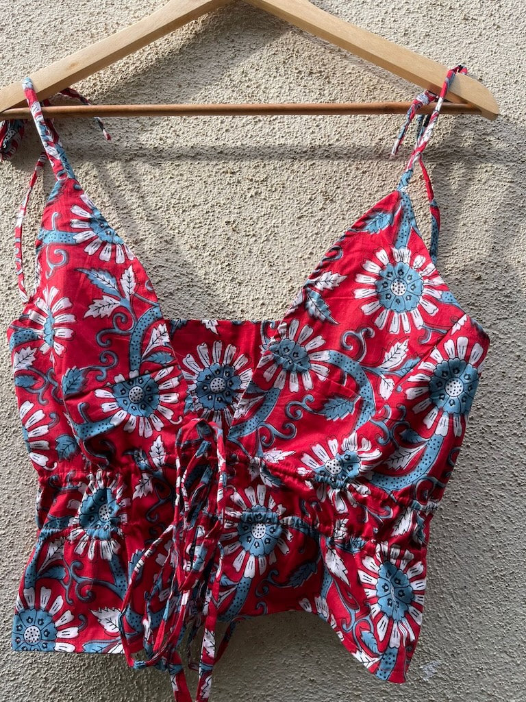 Floral Print Cotton Drawstring Lace Bralette Top