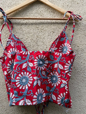 Floral Print Cotton Drawstring Lace Bralette Top