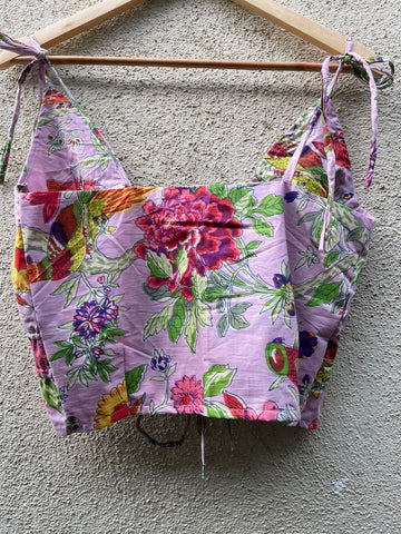 Floral Print Cotton Drawstring Lace Bralette Top