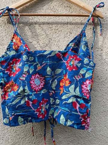Floral Print Cotton Drawstring Lace Bralette Top