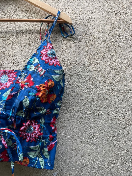Floral Print Cotton Drawstring Lace Bralette Top
