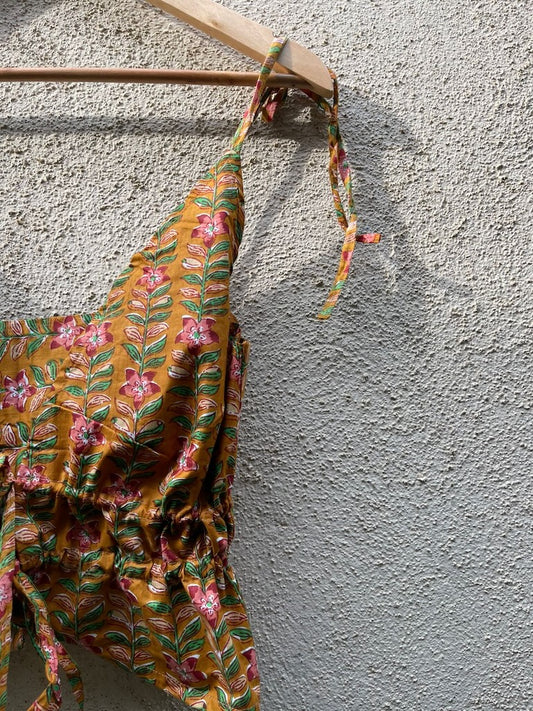 Floral Print Cotton Drawstring Lace Bralette Top