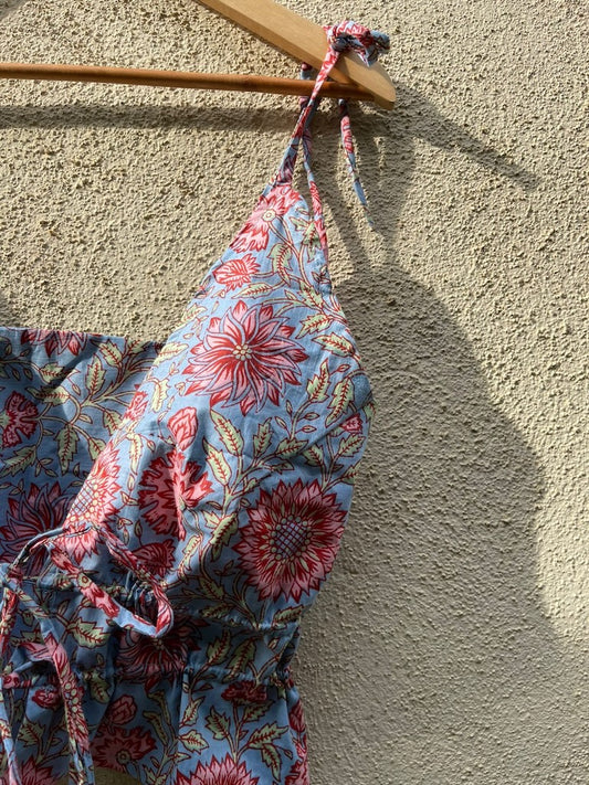 Floral Print Cotton Drawstring Lace Bralette Top