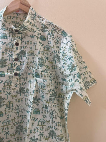 Tribal Print Half Sleeve Cotton Short Kurta for Men