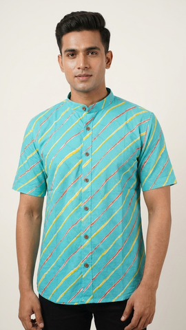 Lehariya Print Half Sleeve Cotton Shirt for Men - Mandarin
