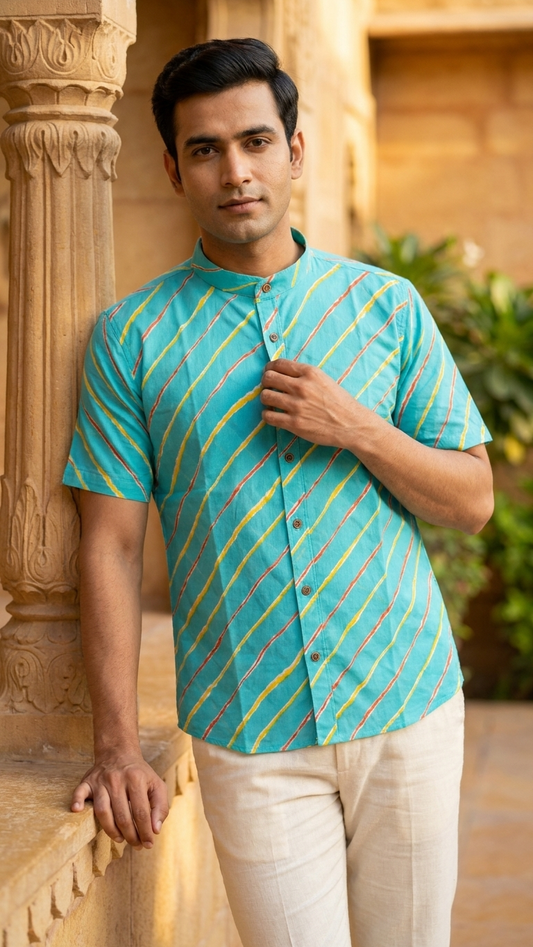 Lehariya Print Half Sleeve Cotton Shirt for Men - Mandarin