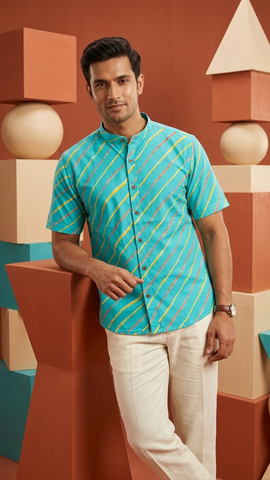Lehariya Print Half Sleeve Cotton Shirt for Men - Mandarin
