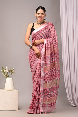 Handblock Printed linen Saree With blouse