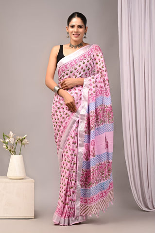 Handblock Printed linen Saree With blouse