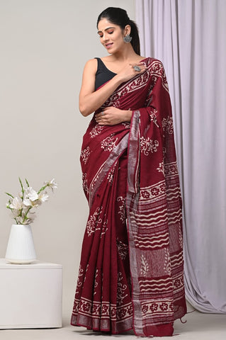 Handblock Printed linen Saree With blouse