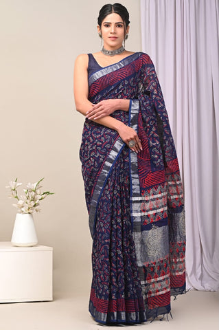 Handblock Printed linen Saree With blouse