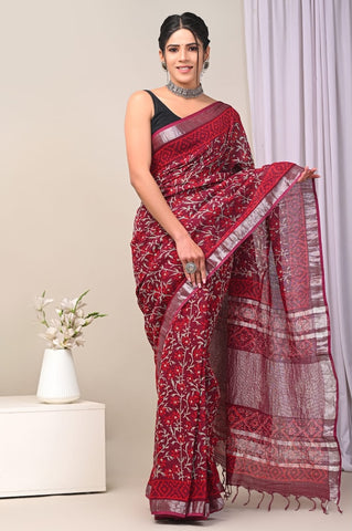 Handblock Printed linen Saree With blouse