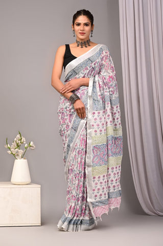 Handblock Printed linen Saree With blouse