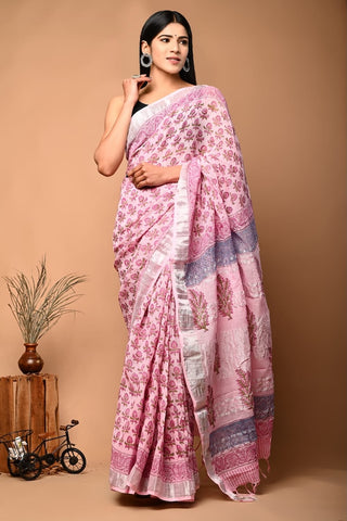 Handblock Printed linen Saree With blouse