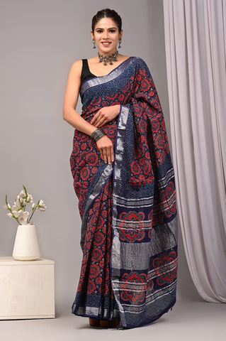 Handblock Printed linen Saree With blouse